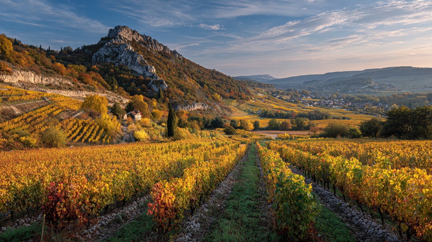 Randonnée entre les vignes avec vue sur la plaine de la Saône et les monts du Lyonnais